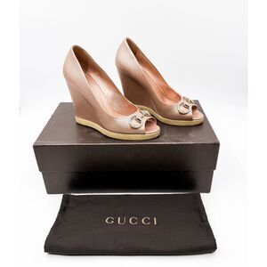 Gucci Horsebit Leather Wedge Heels Rose Gold Metallic EU 38 US 8